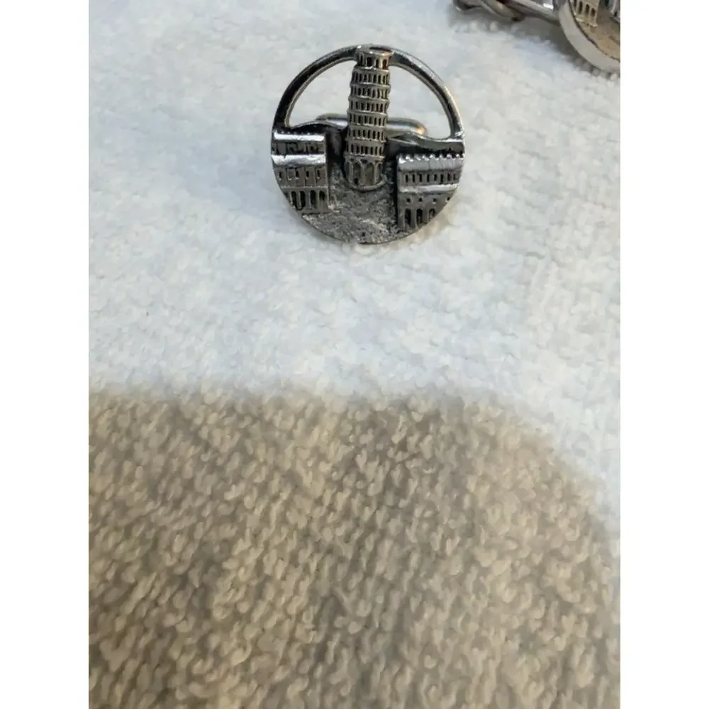 Vintage Swank Leaning Tower of Pisa Cufflinks Tie Clip Set Silver Tone